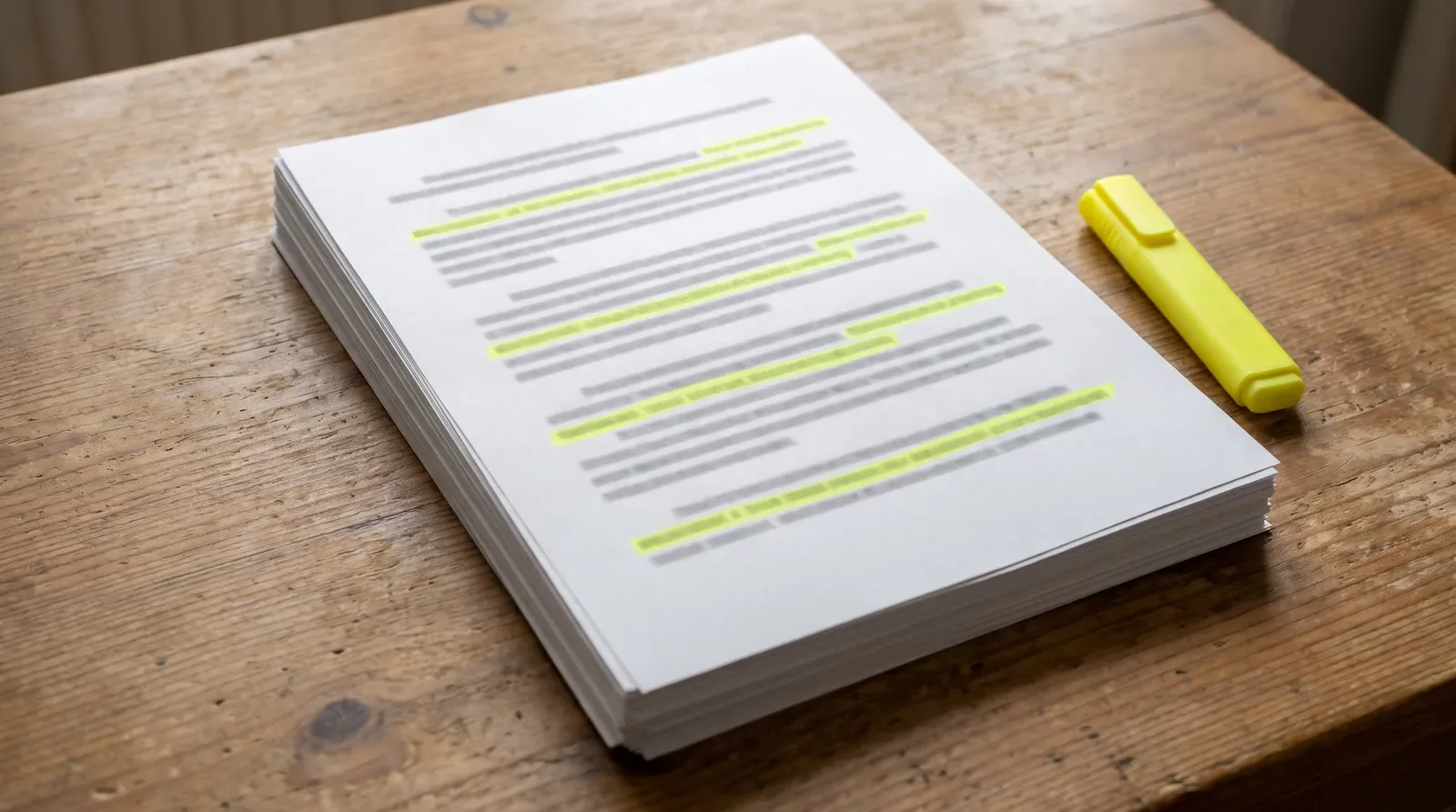 Stacked printed research papers marked with a yellow highlighter
