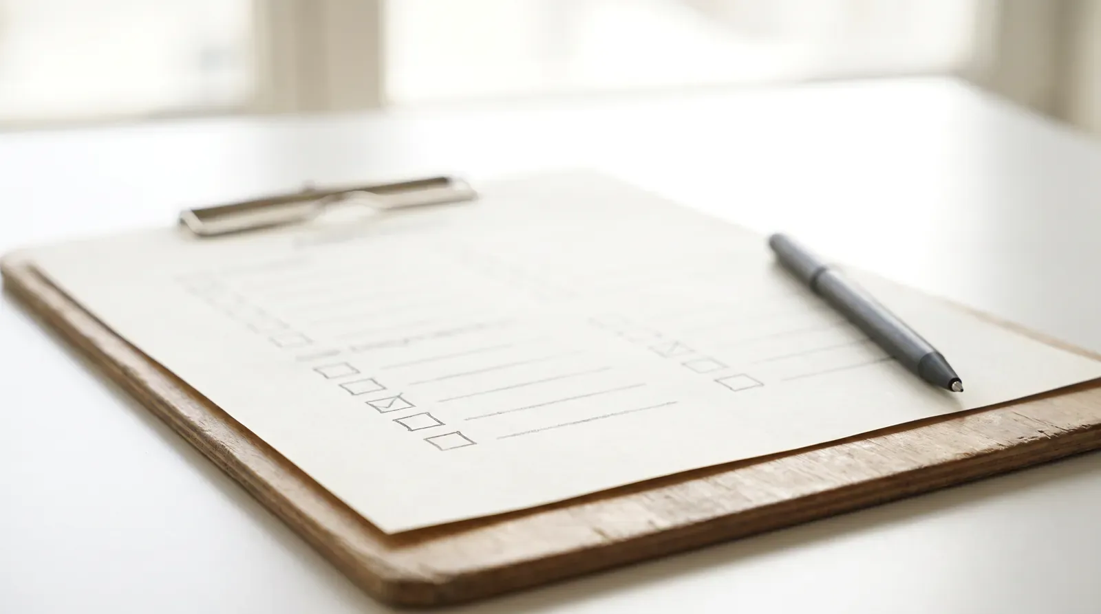 A clipboard holding a printed questionnaire with tick boxes and a pen