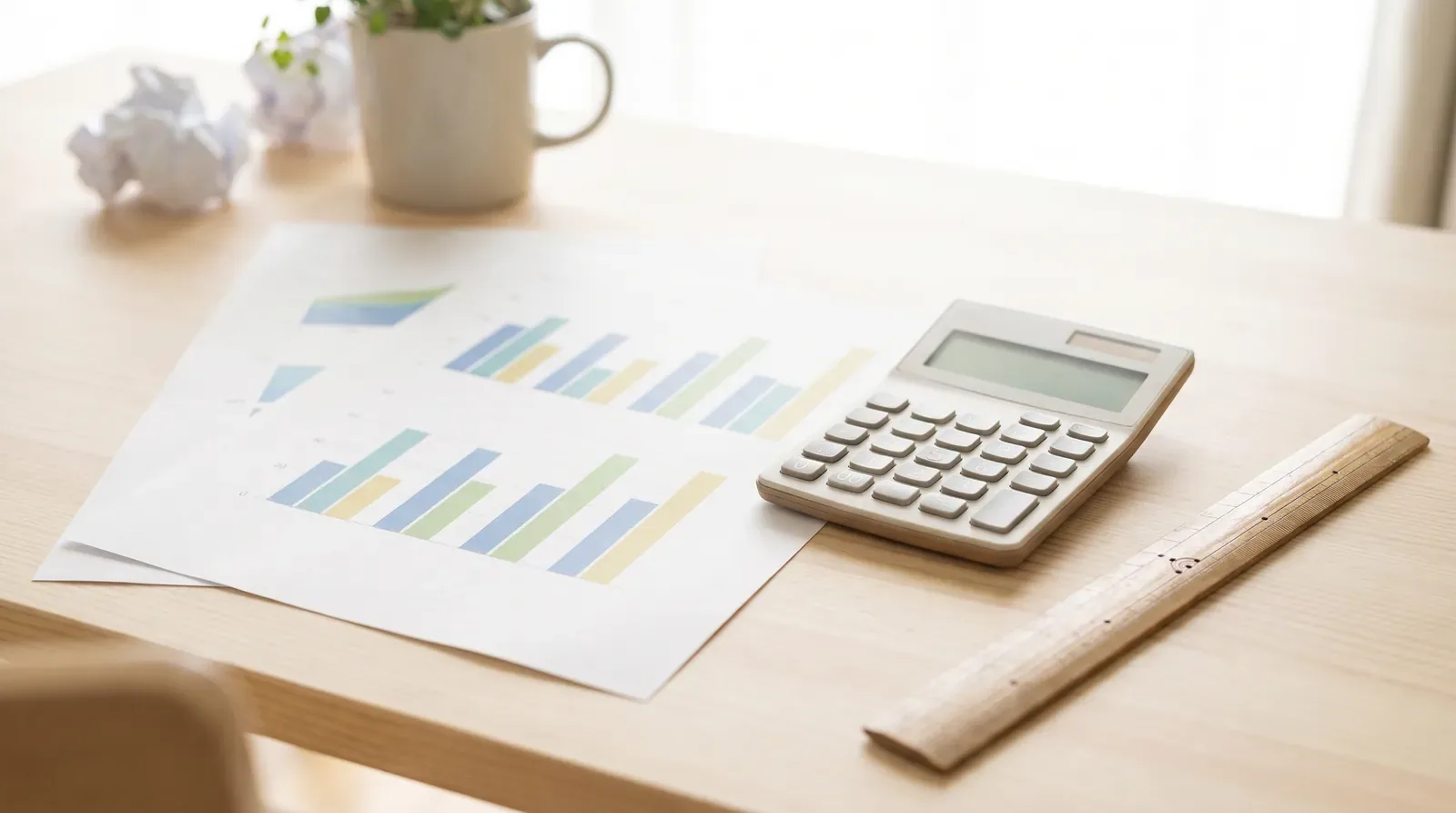 Printed bar charts on a desk beside a calculator and a ruler