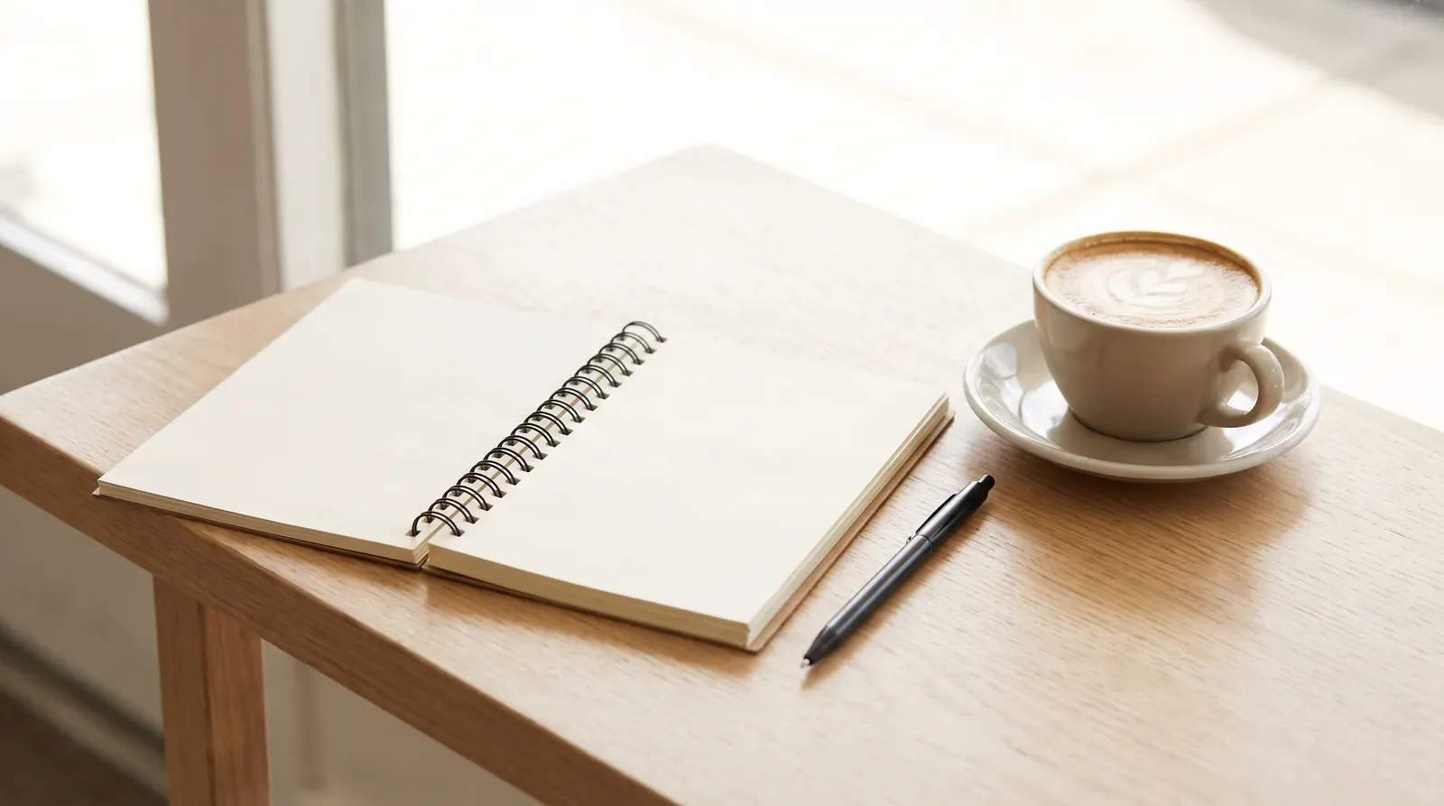 An open reporter's notebook and pen beside a cup of coffee
